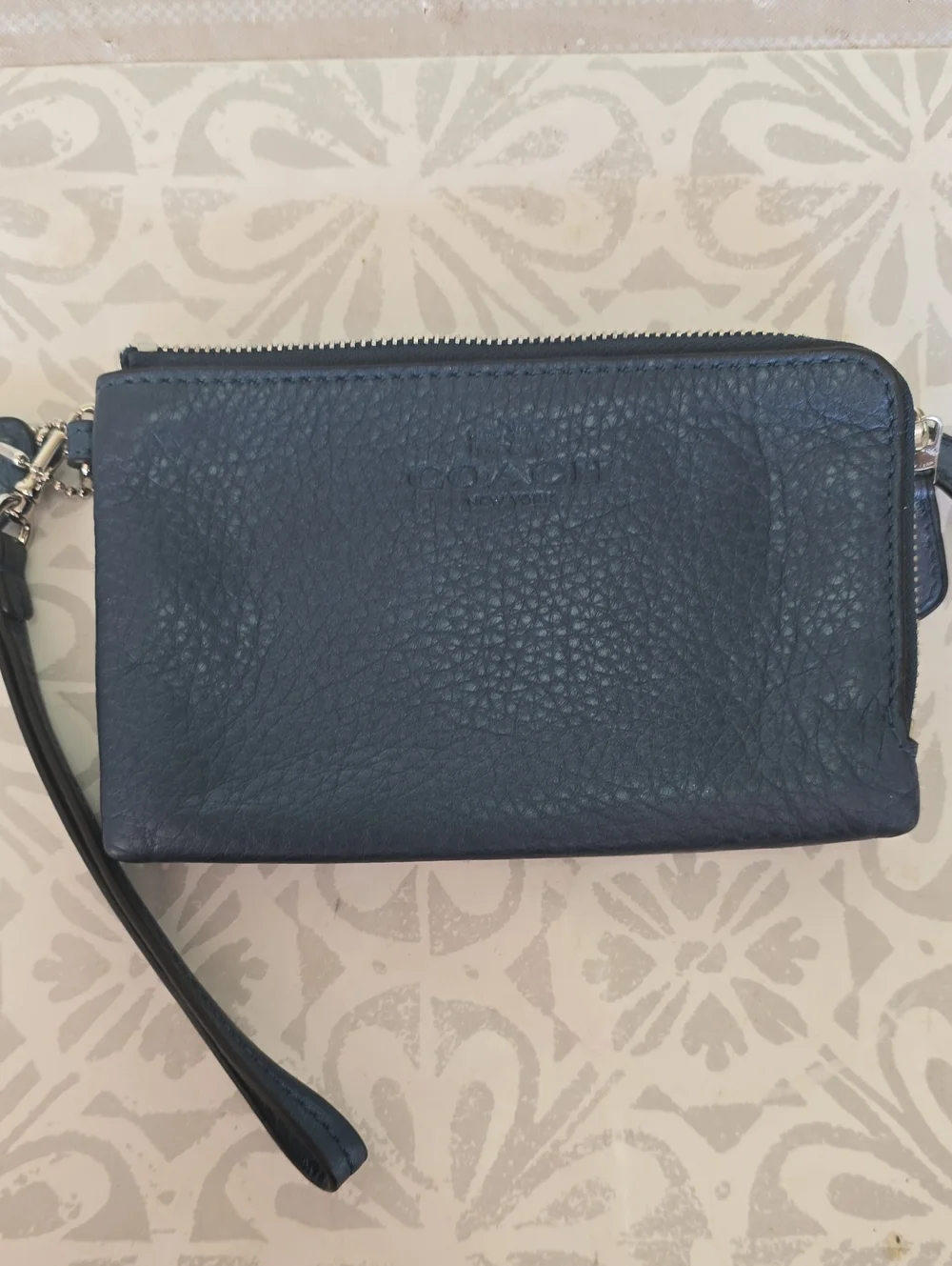 Coach Pebbled Leather Wristlet in Metallic Blue